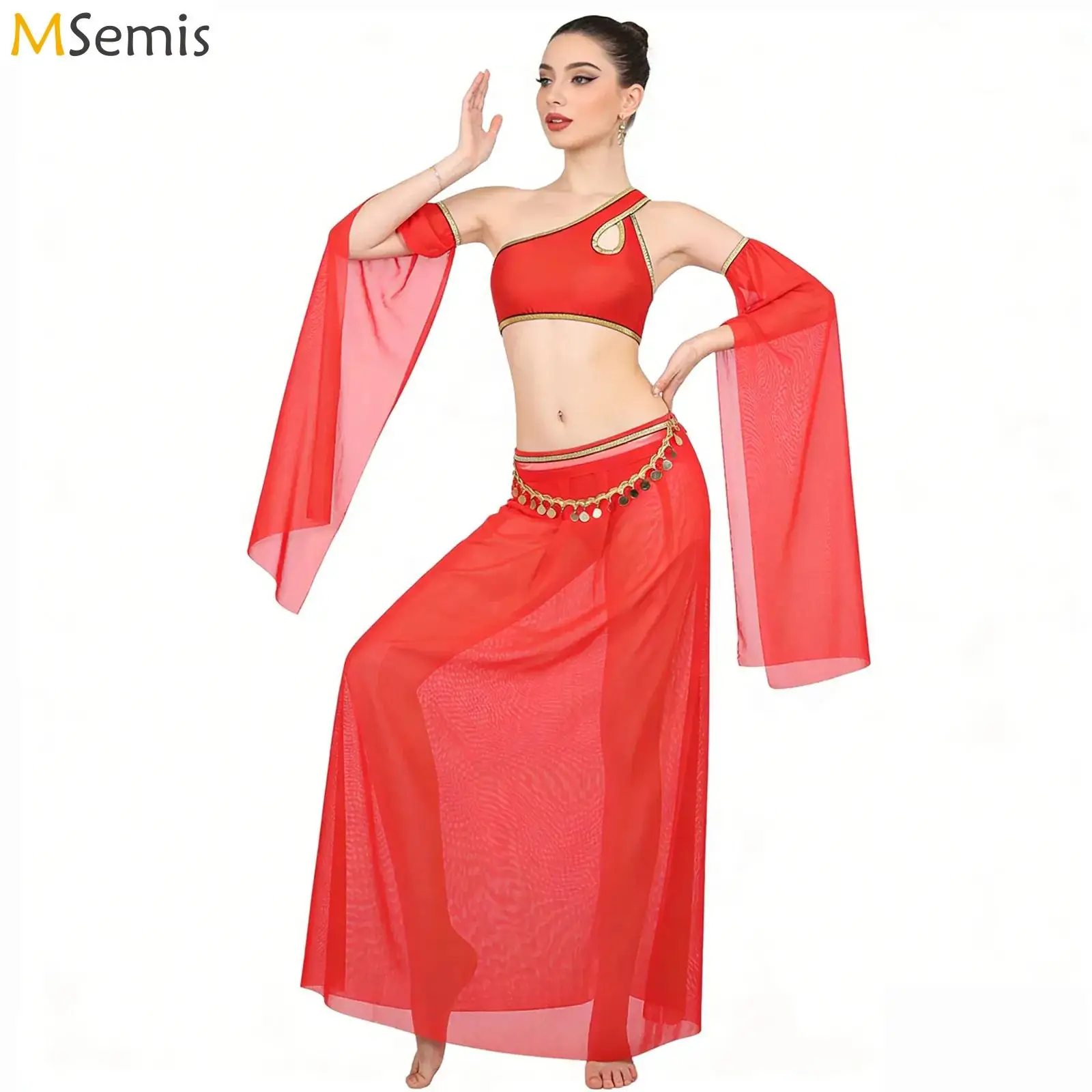 

Womens Oriental India Belly Dance Performance Costume One Shoulder Crop Top Sheer Slit Skirt with with Briefs And Sequined Belt