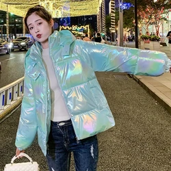 Glossy Waived Wash Down Cotton Women's Padded Clothes  Winter New Colorful Coat Korean Version Loose Thicken Student Jacket