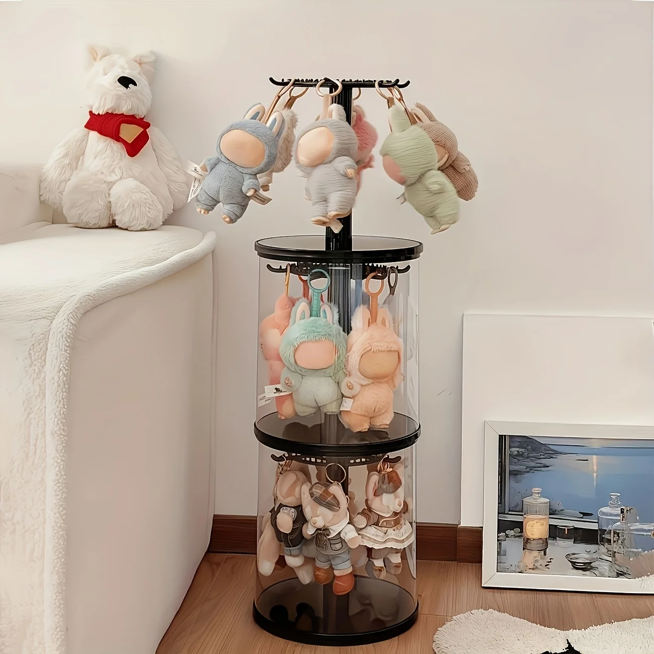 360 ° خزانة عرض دوارة سوداء من LABUBU مع غطاء قبة وقاعدة مقاومة للغبار - صندوق تخزين المقتنيات الأسطوانية #5