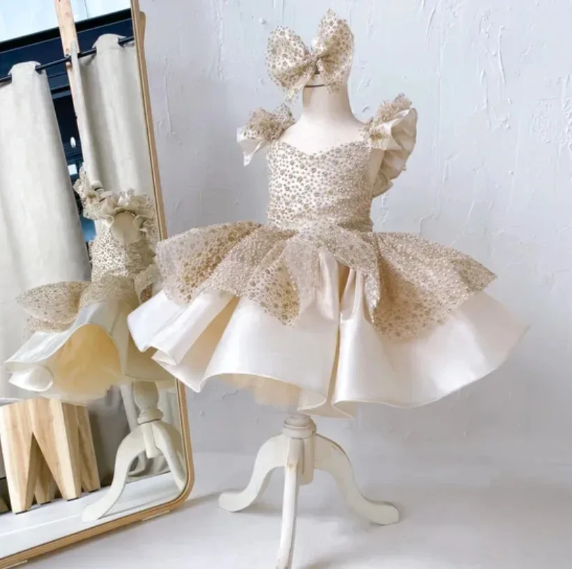 فساتين فتاة الزهور الشمبانيا لحفلات الزفاف اللامعة الجميلة للأطفال الصغار فساتين حفلات الفتيات مفاجأة هدية عيد ميلاد مخصصة