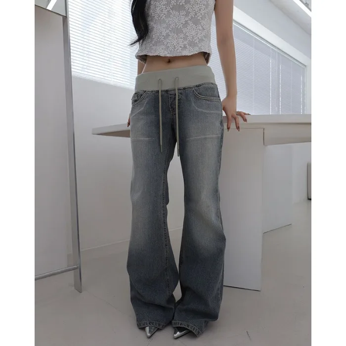 Summer 2026 Chic Fashionable High Waist Cuffed Jeans Women's Body Shape Highlighting Lightly Flared Denim Blue Cotton Blend