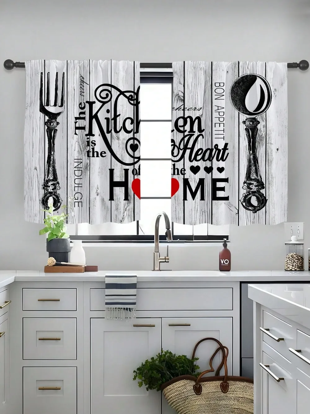 2pcs Fashion Minimalist Knife Fork Text Kitchen Window Curtains Easy Install for Bedroom Study Cafe Living Room Home Decoration