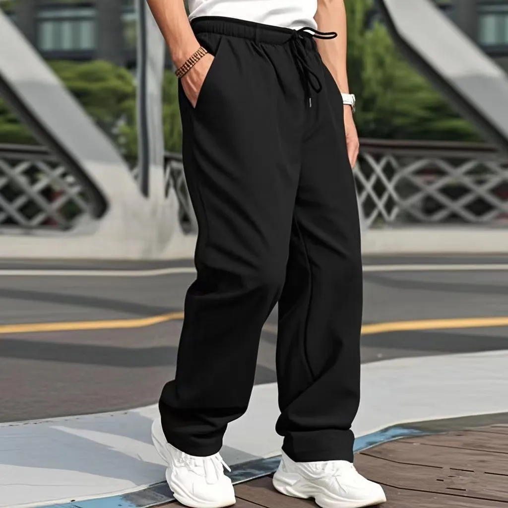 

2025European men's workwear pants solid color drawstring waist straight tube casual workwear pants with multiple pockets