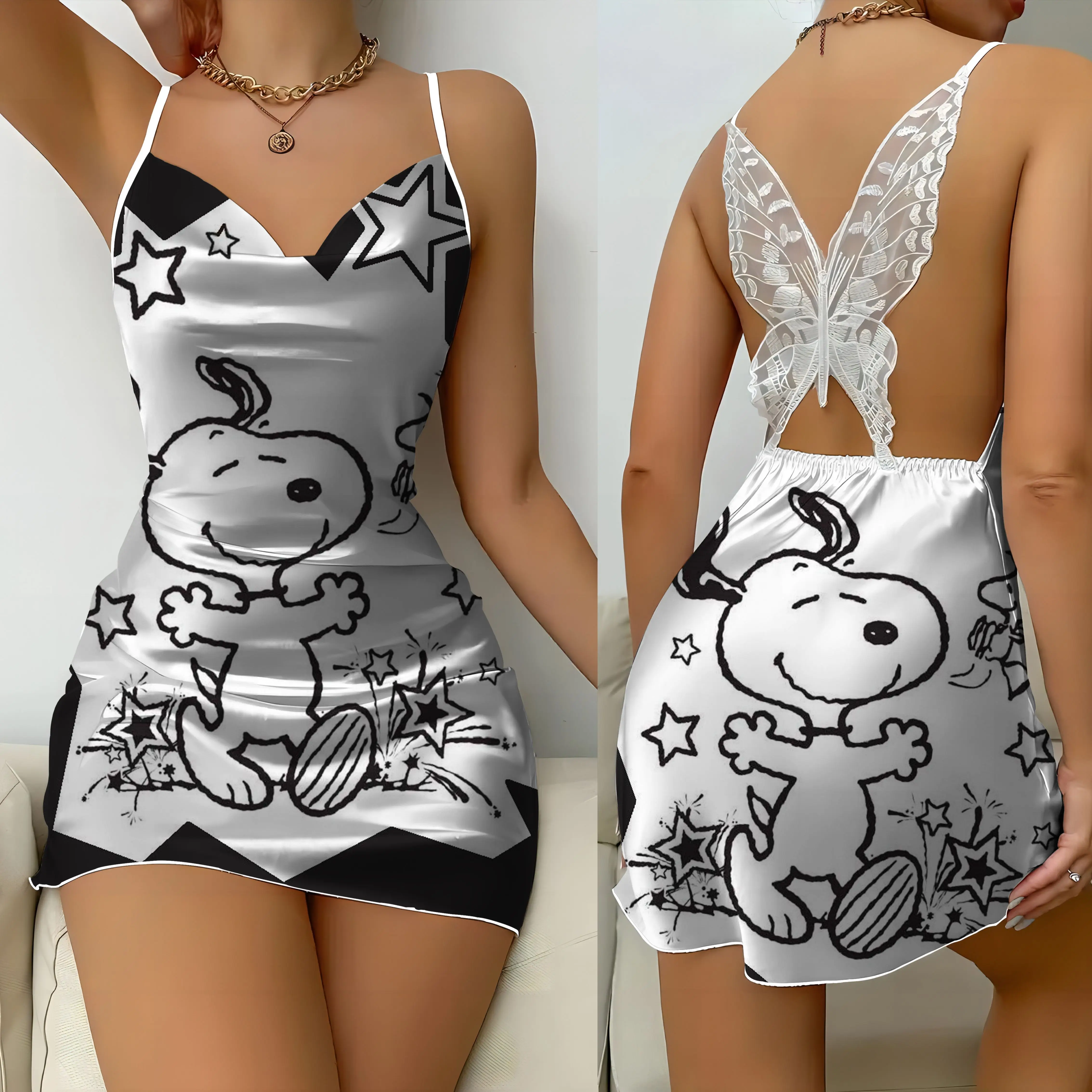 Vestido para Casa Snoopy Cetim Feminino, Saia de Pijama Nó Laço, Vestidos Sexy, Mini Superfície, Moda Kawaii, Tendência Verão, 2022