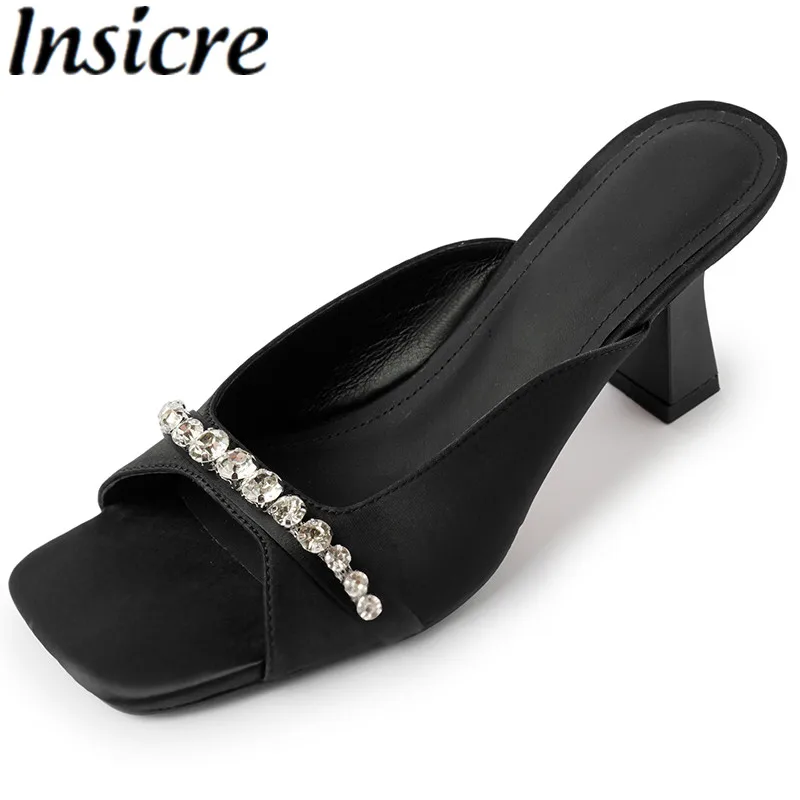 

Insicre 2024 Fashion Women Slippers Square Toe Crystal Thick High Heels Sheepskin Summer Shoes Silk Sandals Top Quality