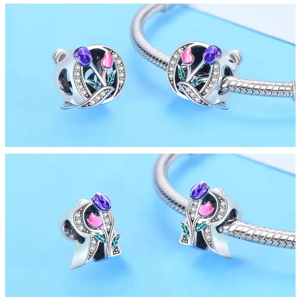 PANQDIY Pandorai-Buchstabenanhänger aus 925er-Sterlingsilber, Tulpenblüten-Charm, A-Z-Buchstabenanhänger für DIY-Armband, Schmuckherstellung
