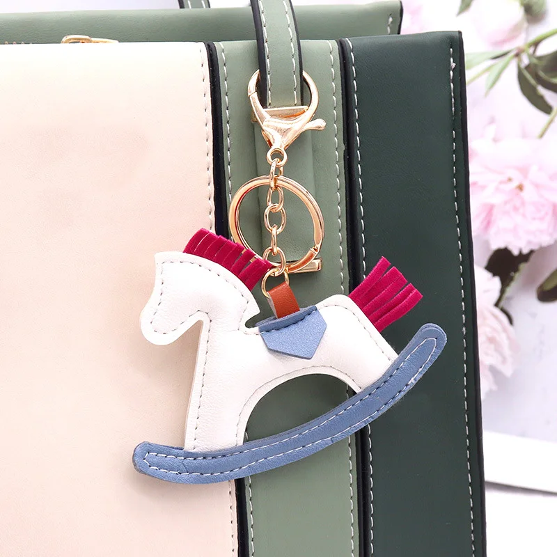 10 Colors New Trendy Designer PU Leather Rocking Horse Keychain Pony Horse Decoration For Lady Bag Keyring Charm Accessories