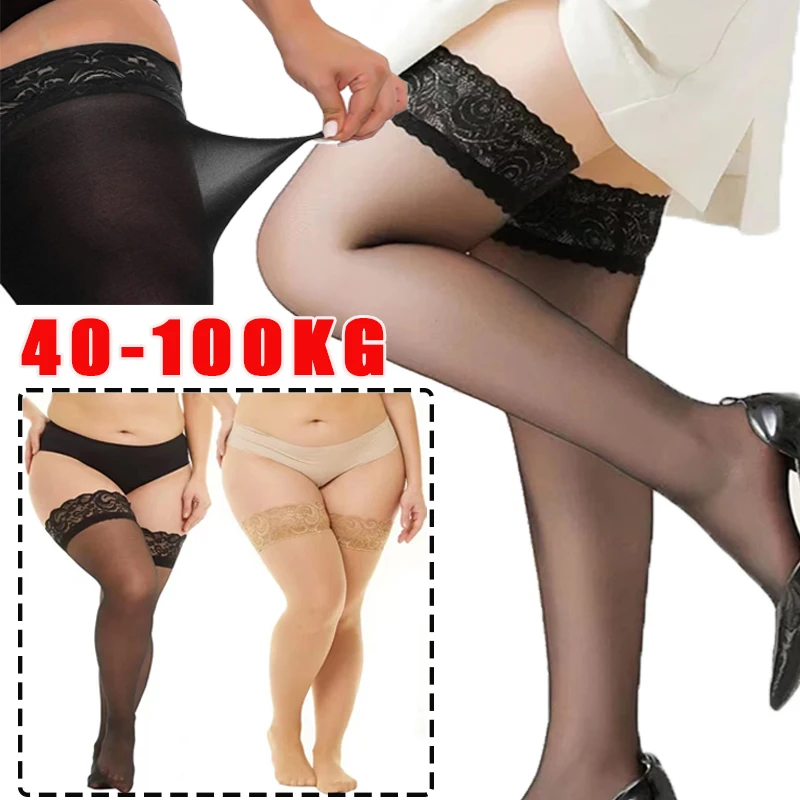 Plus Size Women Stockings Large Size Thigh High Long Socks Lace Exotic Sexy for Sex Fishnet Black Stockings with Anti-slip Socks