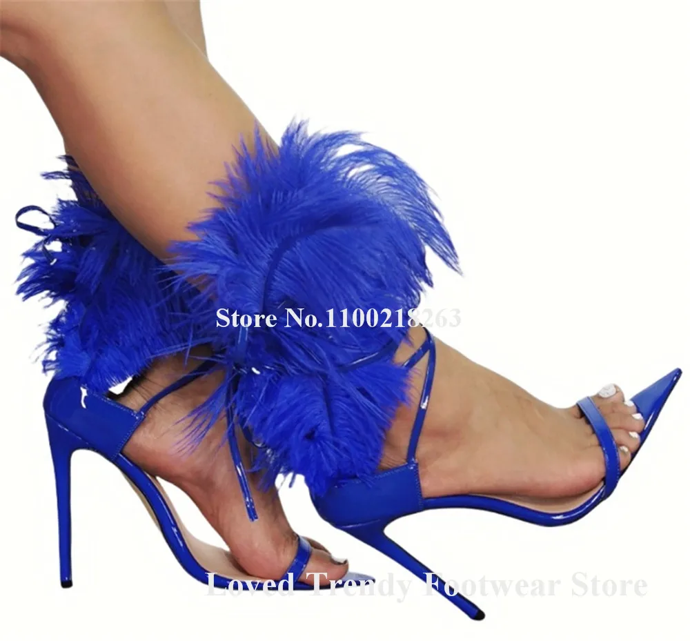 

Charming Long Feather Decorated Stiletto Heel Sandals Pointed Open Toe Thin Straps Cross Blue Black Fur Thin Heel Party Heels