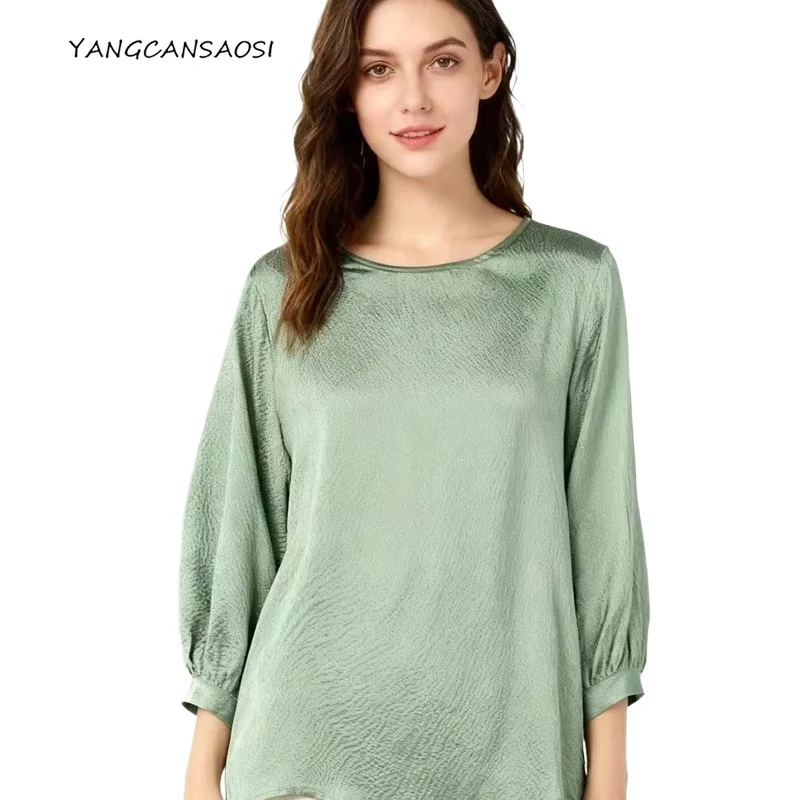 

Women's Casual Clothing 100% Natural Mulberry Silk Pearl Satin Bean Green Round Neck Three-quarter Lantern Sleeve T-shirt