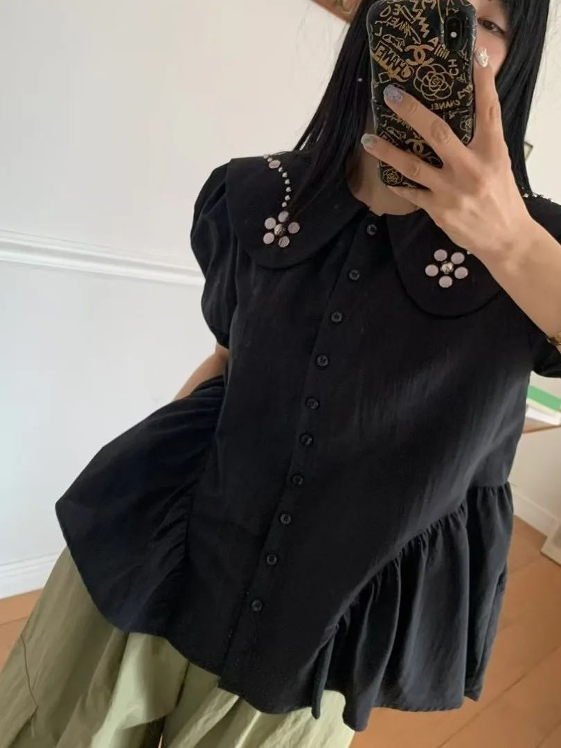 

Chic Summer New Sweet Anti-Aging Doll Collar Bead Decoration Loose Bubble Sve irt Top Faionable Versatile Women's Clot...