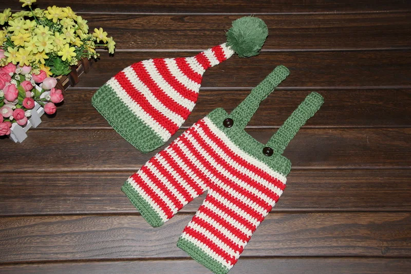 

Special clearance -Newborn boys Pure handmade crochet Striped Long tail hat+Pants 2pcs/Set newborn Christmas theme 0-3month