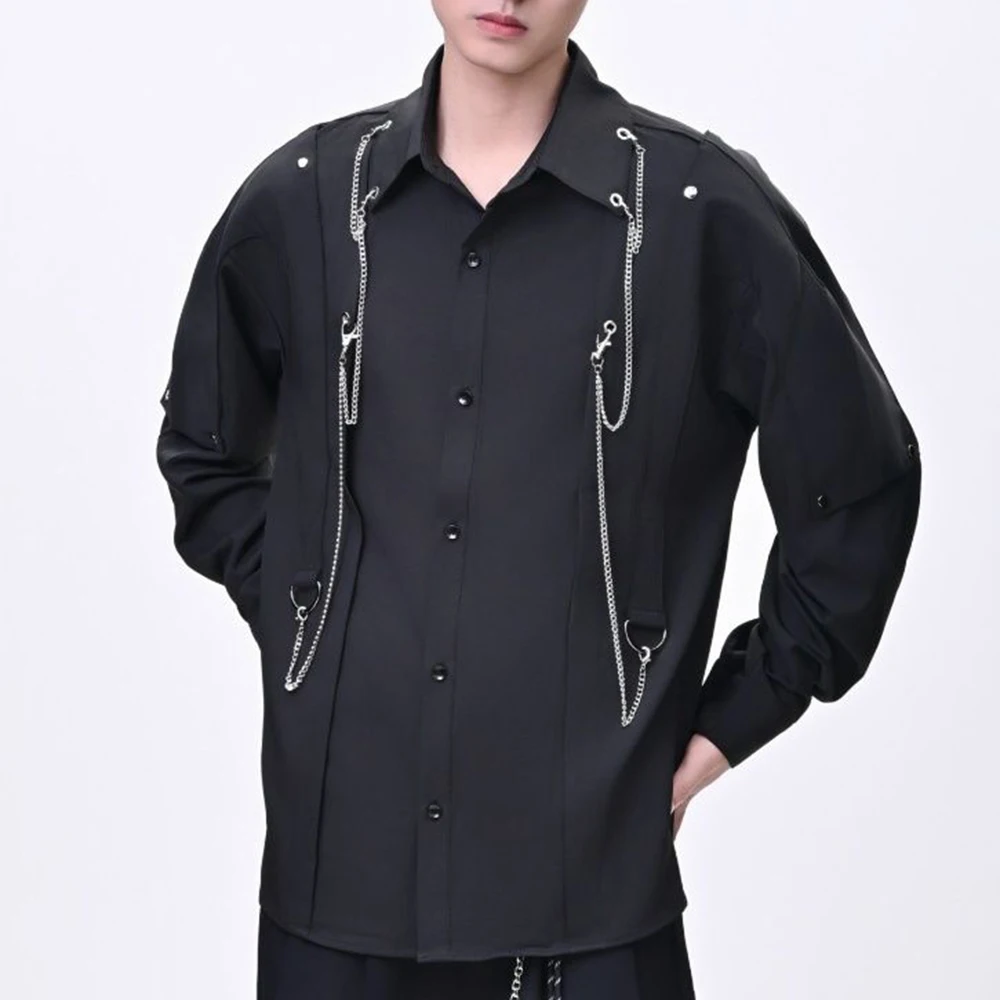 Mens Spring Shirt Chain Patchwork Designer Streetwear Fashion Nightclub Stage Performance Youth Outdoor Top Men'S Clothing 2026