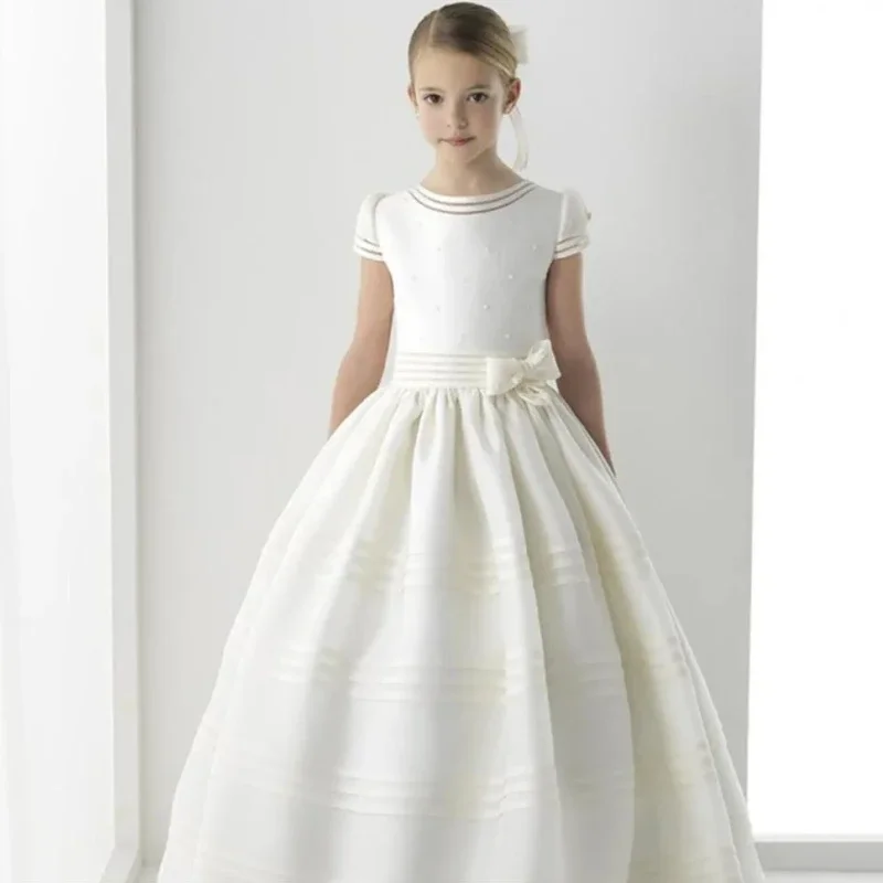 

Flower Girls Dresses Vintage Ivory Satin Pearls Top With Bow For Wedding Birthday Party Princess Dress Baptism Clothes