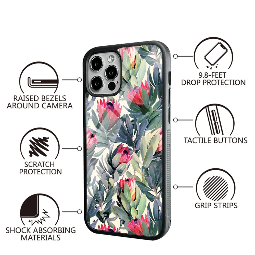 Painted Protea Pattern Phone Case For IPhone 16 16pro 16plus 16promax Pro Plus Max Mirror Acrylic PC TPU Cover