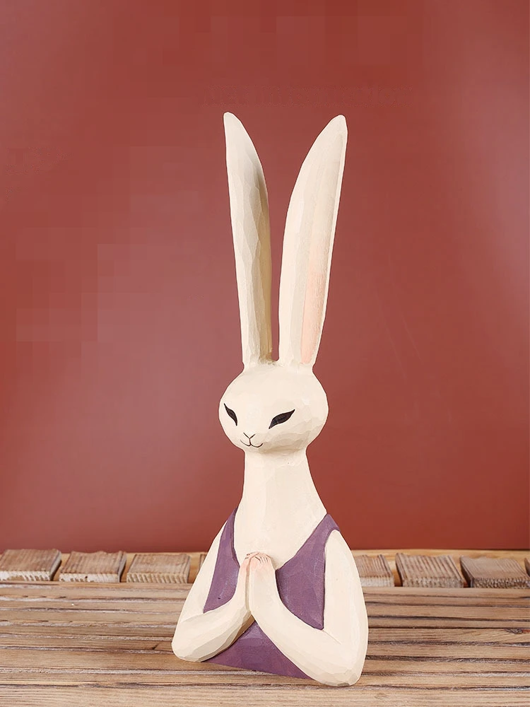 Hand-carved wooden long-eared rabbit ornament wooden craft gift wooden carving art bunny desktop decoration