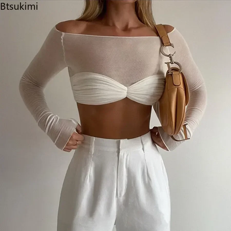 2026 Women's Sexy Off Shoulder Sheer Mesh Crop Tops Slash Neck Wrap Chest Tops Summer Long Sleeve See-Through Mesh T-shirt Femme