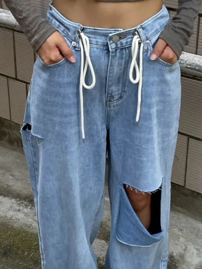 Retro Versatile Personality Distressed Design Wide Leg Jeans Long Pants Casual Korean Style Natural Waist Wide Leg Pants