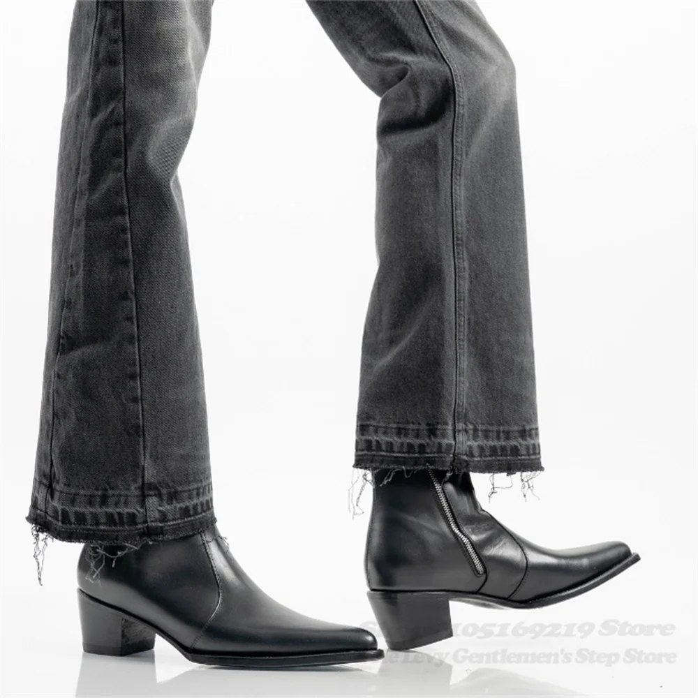 รองเท้าบูทเชลซีส้นสูงหัวแหลมสีดำผู้ชายหนังแท้สไตล์อังกฤษมีซิปด้านข้างทันสมัยหรูหราเหมาะสำหรับธุรกิจและงานทางการ