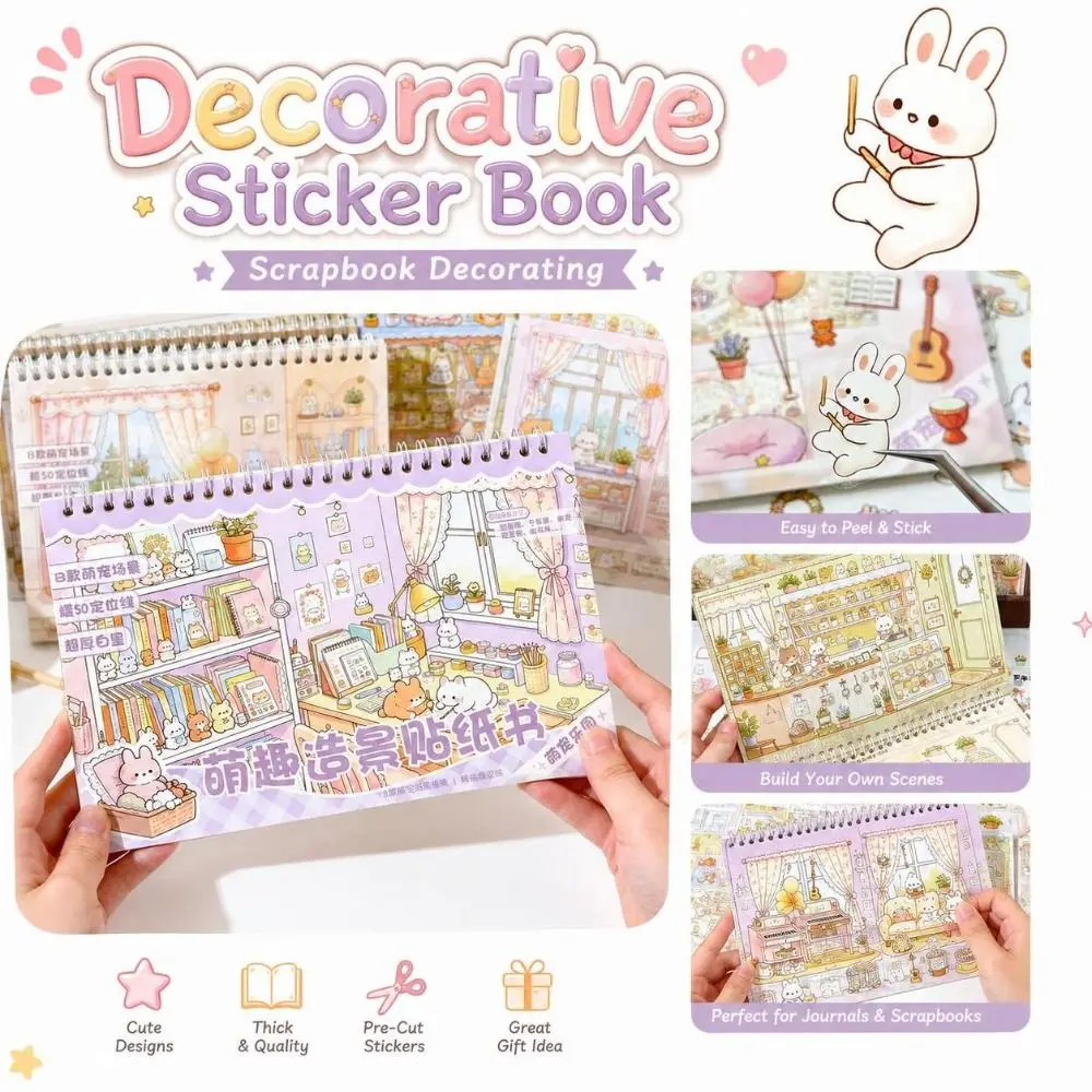 Self Adhesive Scene Building Sticker Book Printed Scenes Cute Cartoon Style Decorative Sticker Book Colorful Illustrations