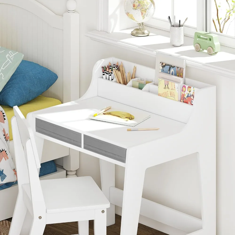 Conjunto de mesa e cadeira infantil, mesa de estudo para crianças com caixas de armazenamento, mesa de estudo infantil de madeira, escrivaninha de estudante para quarto