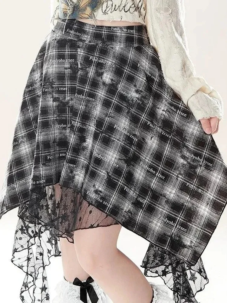 Lace Patchwork Y2K Plaid Skirt Women Vintage Gothic High Waist Irregular Mini Skirts Harajuku Retro Streetwear Letter Skirt New