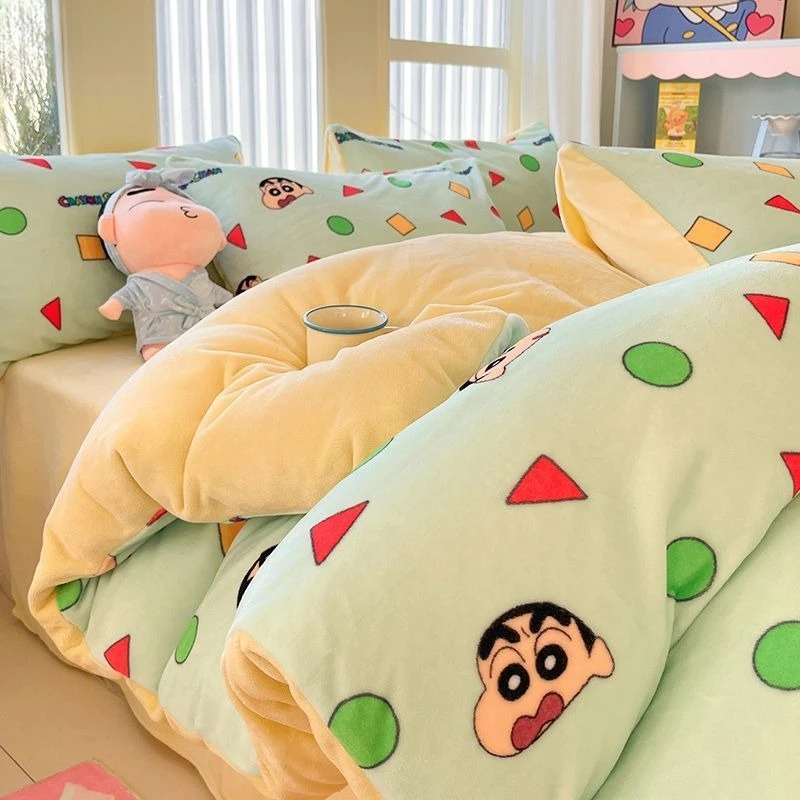 New Crayon Shin-chan High-value Warm Thickened Cartoon Cute Four-piece Set Student Warm Bed Sheet Quilt Cover Three-piece Set