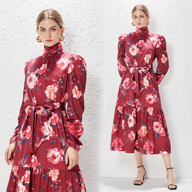 

Real Shot Spring Summer New Floral Rose Print Stand Collar Dress Puff Sleeve Patchwork Tie Mid-Length Dress
