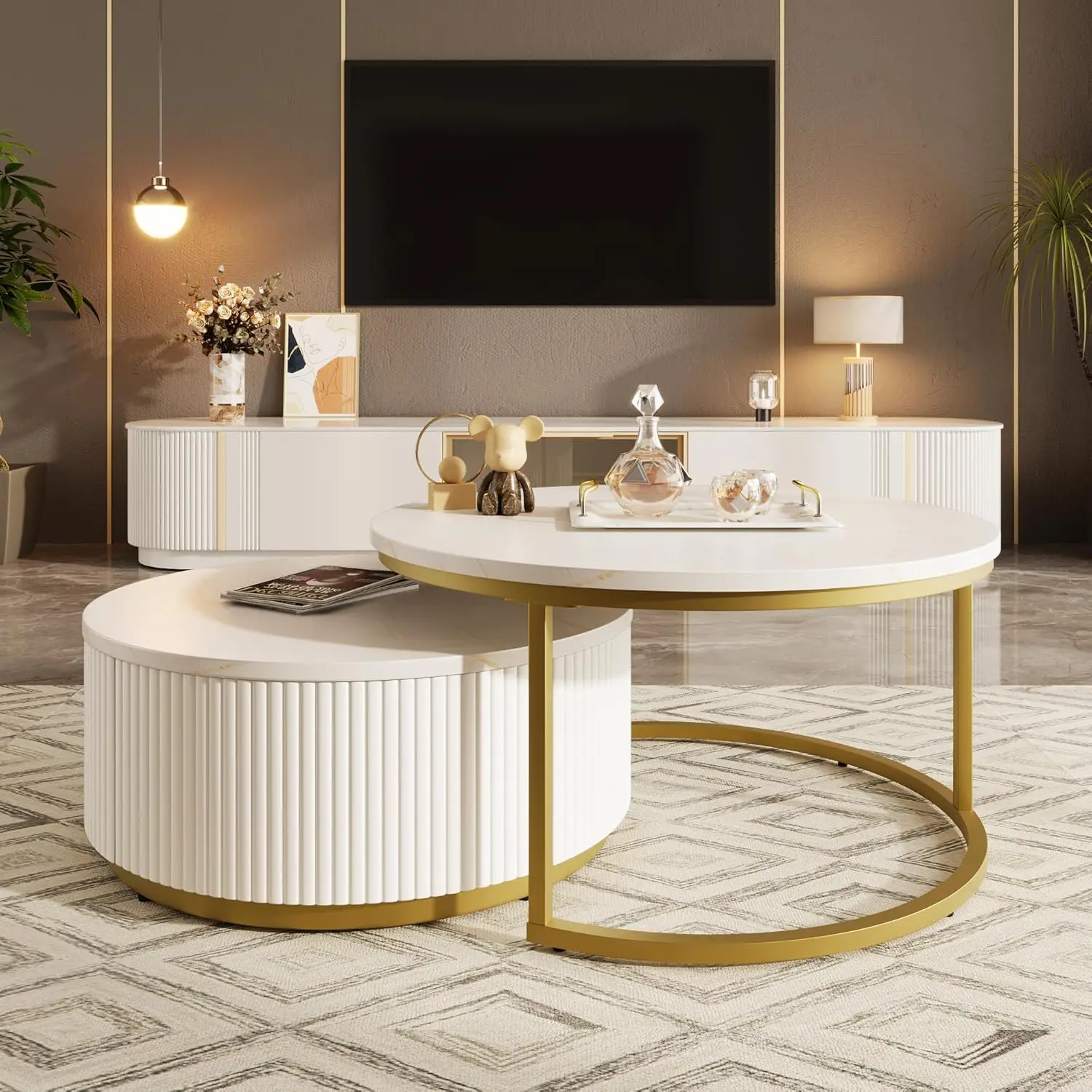 

Modern Round Nesting Coffee Table Fluted with Drawer in White & Gold in 31.5'', Customized