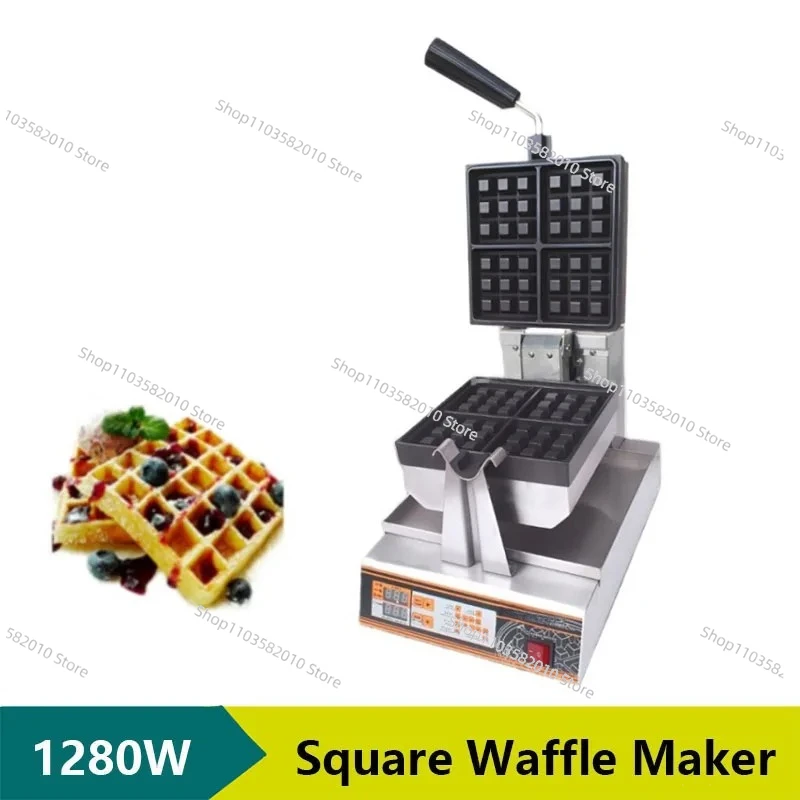 

220V Commercial Square Waffle Maker, Stainless Steel Non-Stick Waffle Toaster Machine for Home Bakery