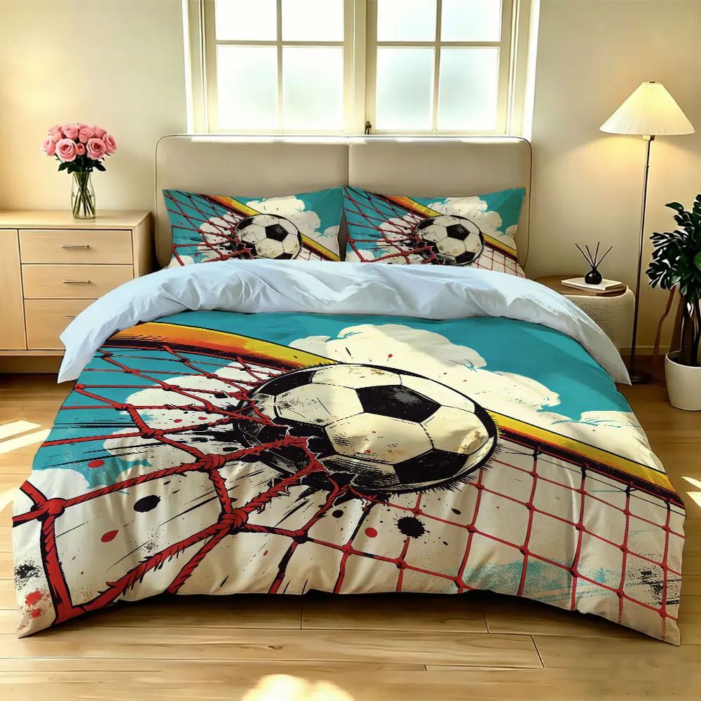 3PCS Duvet Cover Set Soccer Goal Cartoon Print Bedding Sports Fans Kids Boys Soft Microfiber Quilt Cover Pillowcases