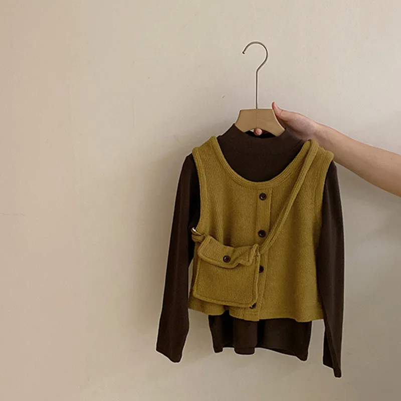 Girls' Korean Knitted Vest Simple Base Shirt 2026 Spring Autumn Children's Fashionable Versatile Pants Three Piece Set