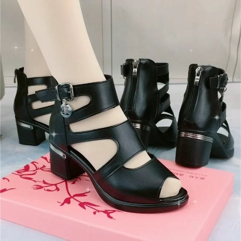 2022 New Woman Summer Sandals Roman Fish Mouth Women\'s Thick Heel High-heeled Shoes Thick Sole Versatile Middle Heel Women Shoes