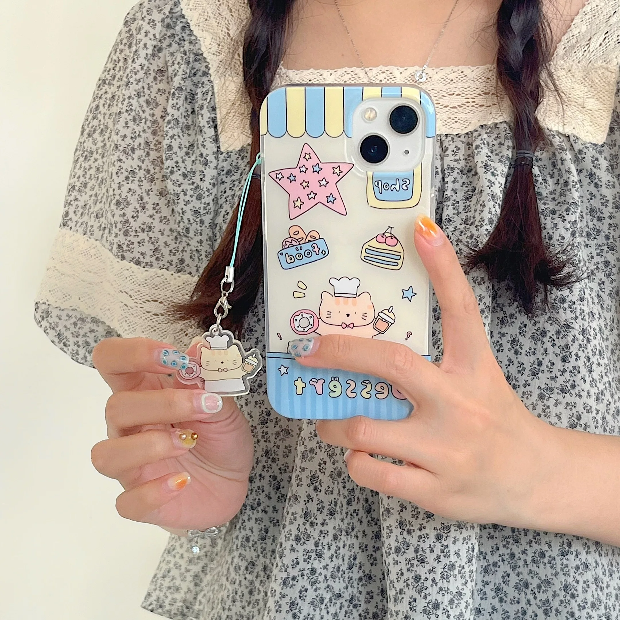 Cartoon Lovely Cat Dessert Shop Pendant Dual-layer Cute Case for iPhone 15 14 13 Pro Max Back Phone Cover for 12 11 Pro Max