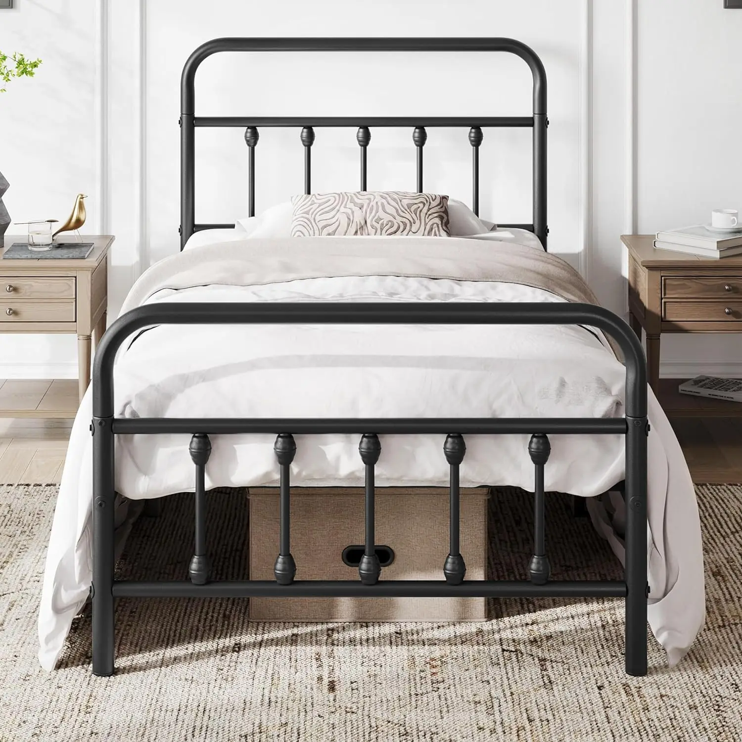 

Classic metal platform bed frame mattress base with Victorian style wrought iron headboard footboard black