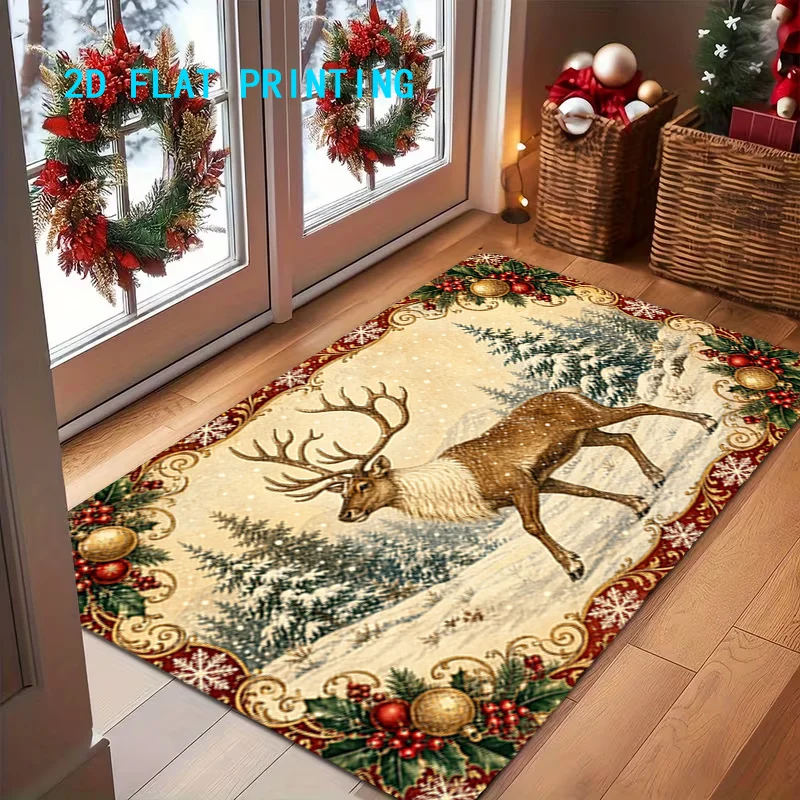 Xmas Front Door Mat Cream Vintage Elk Snow Forest Holly Pattern Carpet Indoor Holiday Decoration