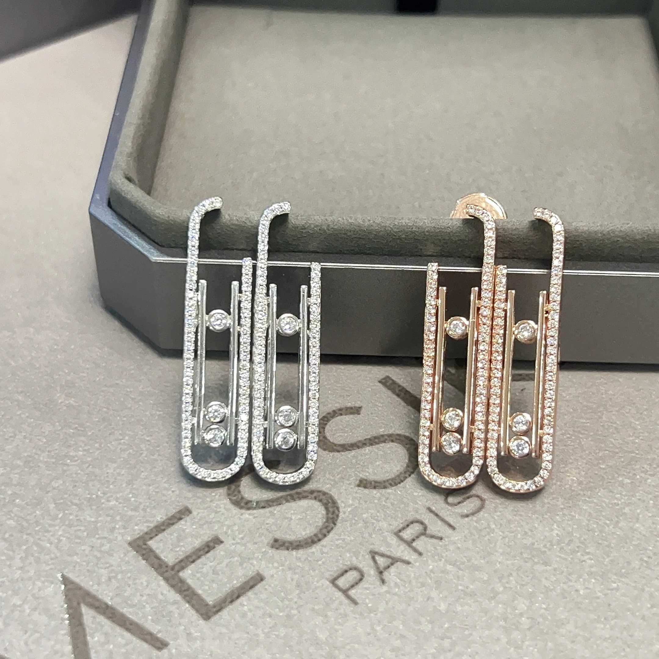 Pure silver s925 luxury brand design messik style MOVE 10TH series sliding diamond three diamond earrings for women