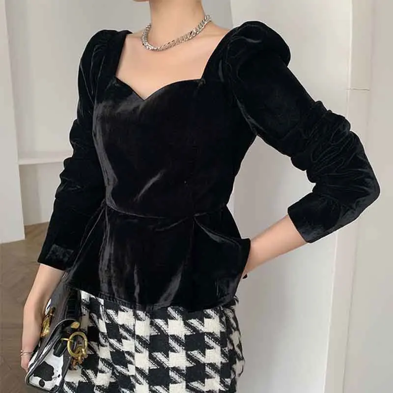 Ladies Brand Design Shirts Women New Spring Clothes French Style Vintage Blue Velvet Square Collar Puff Sleeve Chic Tops Elegant