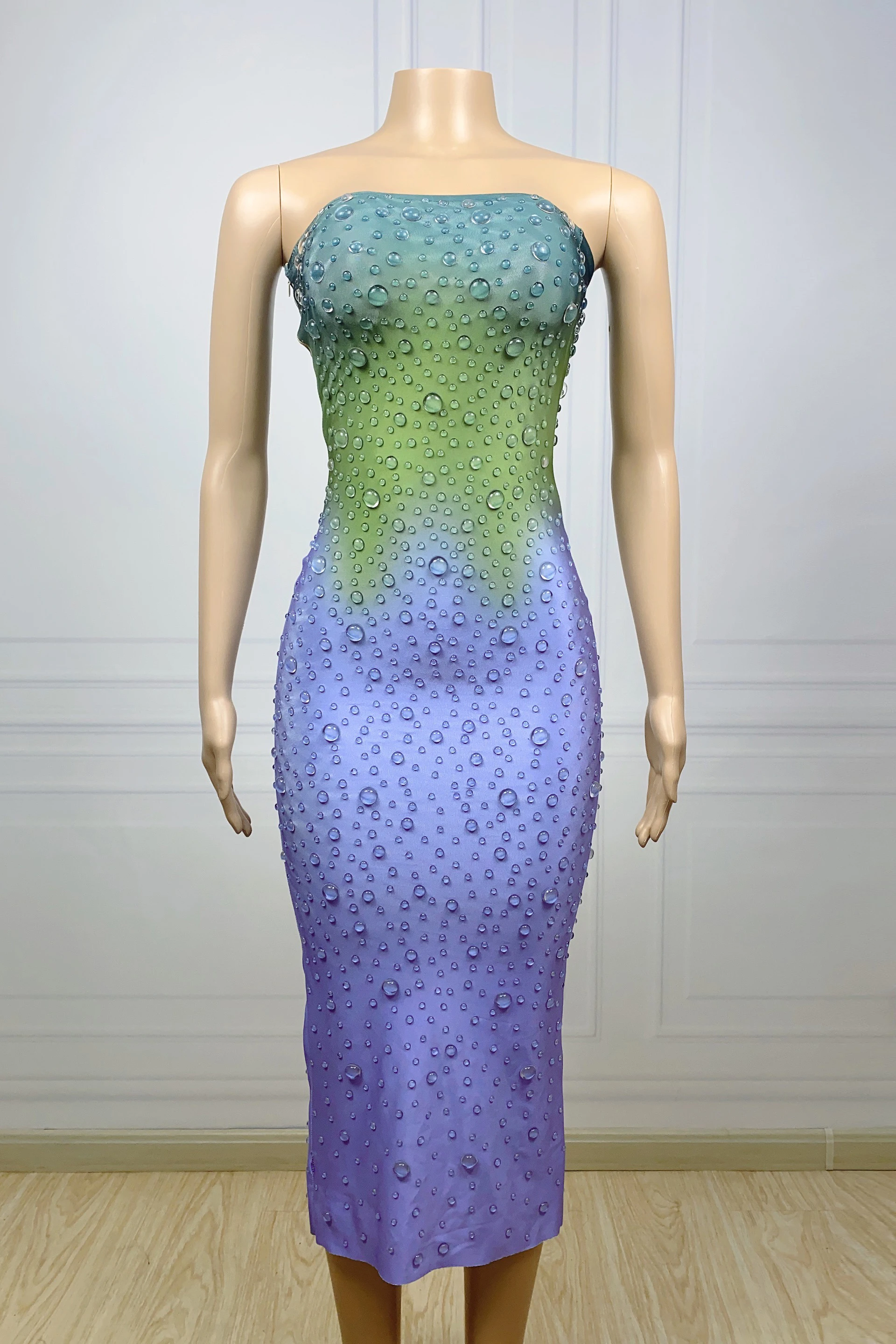 생일 축하 실버 라인스톤투명 블루 메쉬 드레스 여성 댄서쇼 이브닝 의상 프로 파티