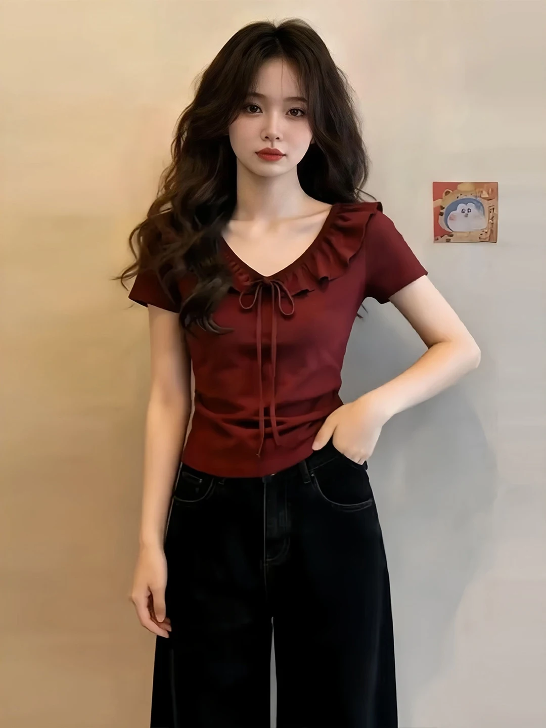 Summer Women's Short Sleeve T-Shirt V-Neck Bow Design Lace Trim Korean Style Slim Fit Basic Shape Creative Pattern Regular Le...