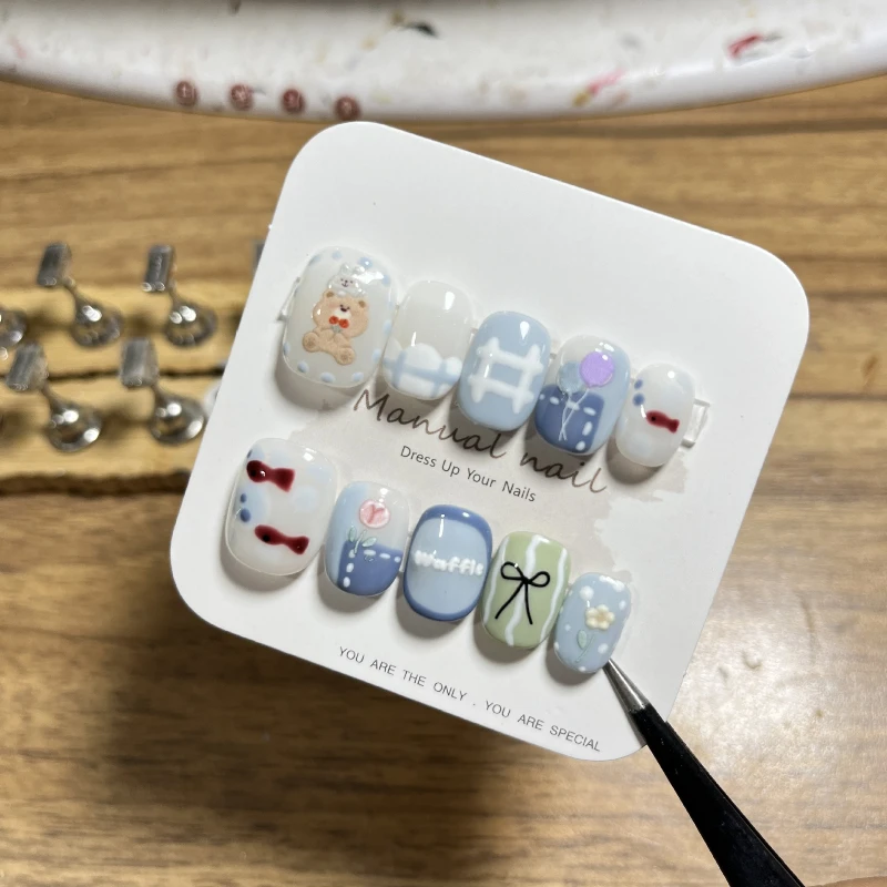 10 Pieces Cute Cartoon Short Round Handmade Press On Nails Spring and Summer Plaid Bear Rustic Fake Nails Removable Reusable