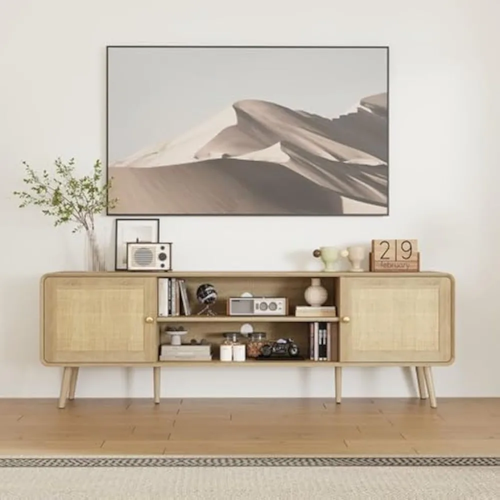 

71" TV Table Stand, Under TV Cabinet, Mid Century Modern TV Stand with Storage,Entertainment Media Center with 2 Open Shelves an