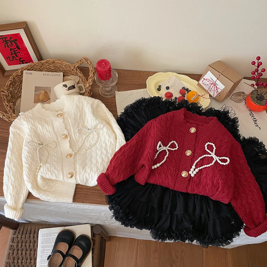 Girls' Fried Dough Twists Sweater Cardigan Girls' Knitwear Autumn Winter Fashion Pearl Bow Decoration Children's Knitting Top