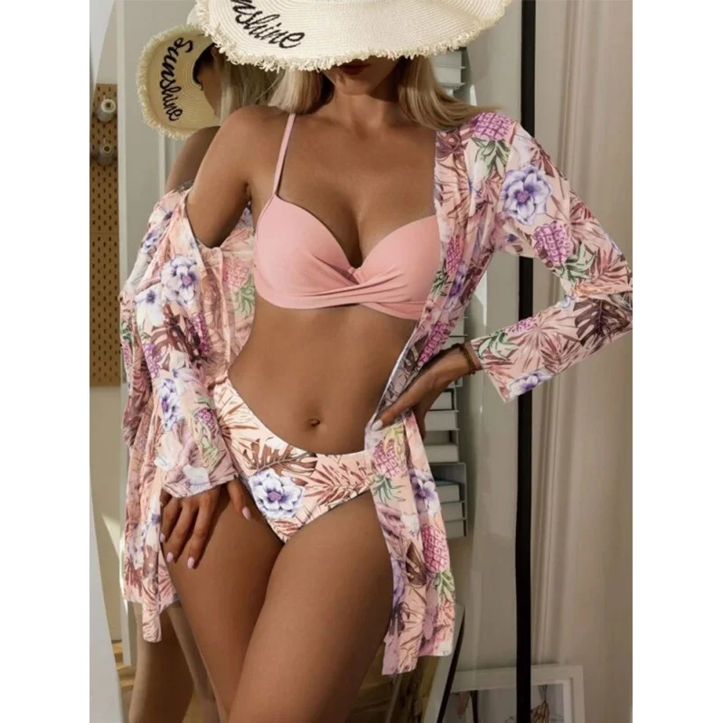 2024New Swimsuit Three-Piece Mesh Shawl Blouse Kimono Split Bikini Swimsuit