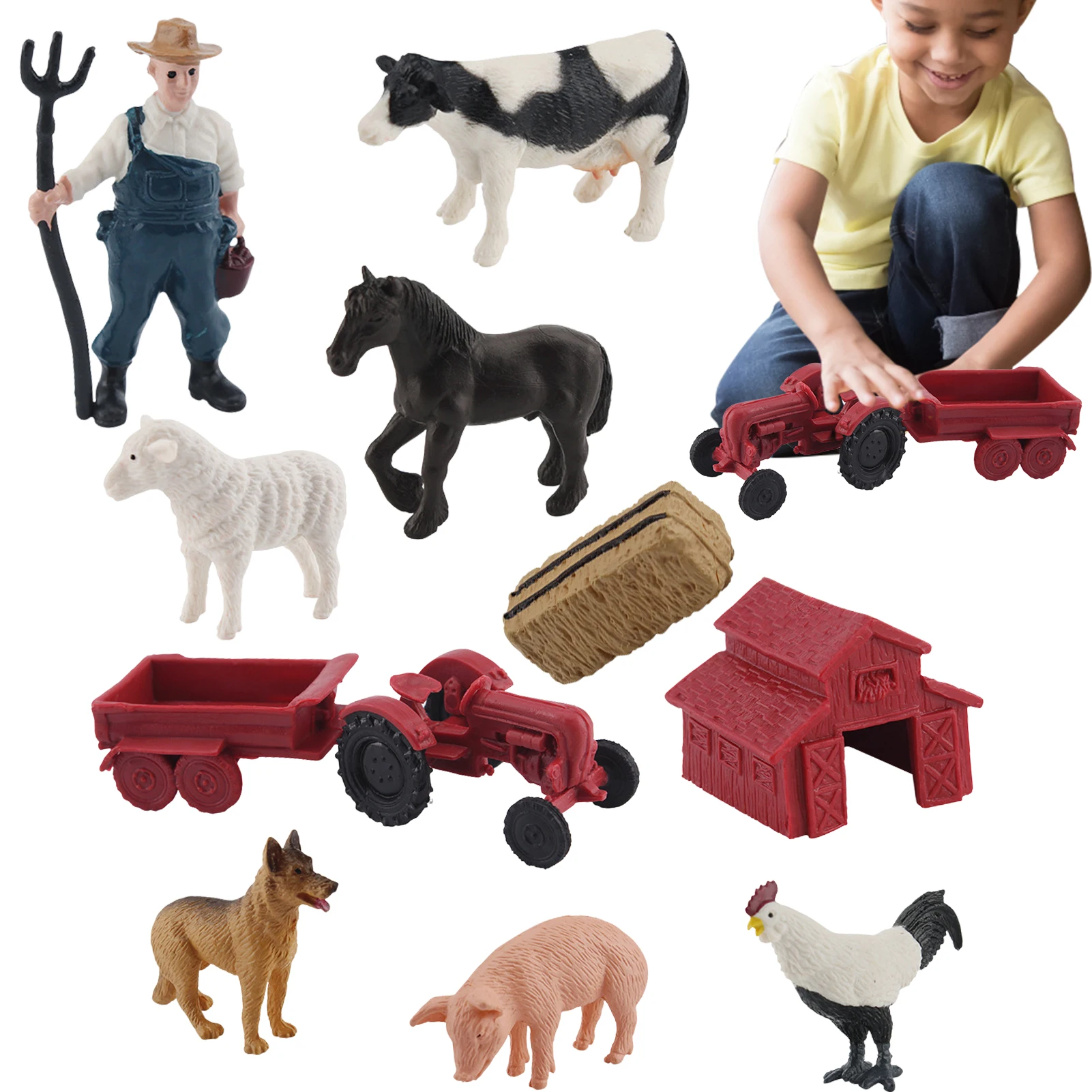 Farm Toys Playset For Kids 10pcs Farm Animals Figurines Tractor Toys Tractor Chicken Pig Dog Horse Figures Birthday Gift For