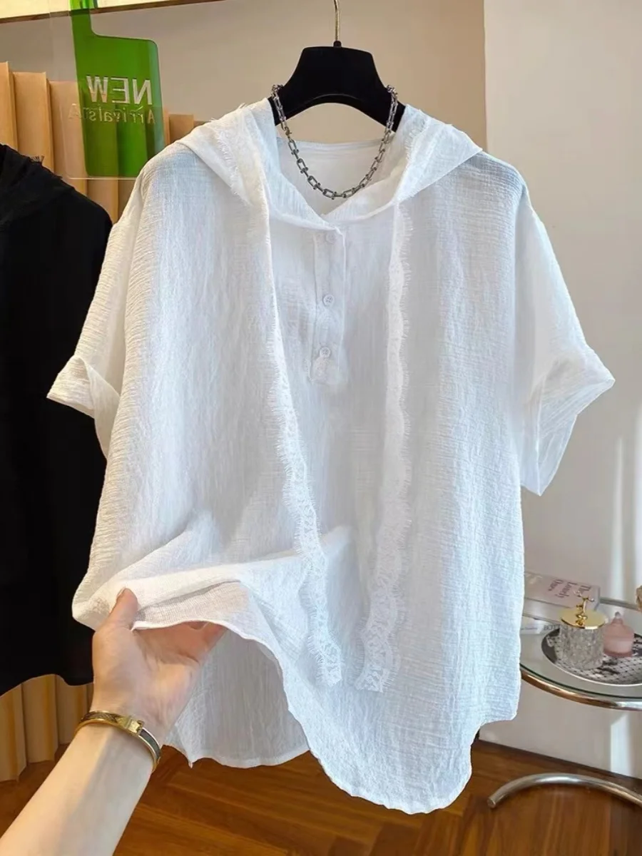 

plus Size Women's Casual Shirt White Short Sleeve Loose Fit UV Protection Hooded Top Summer Style Slimming Effectiveness