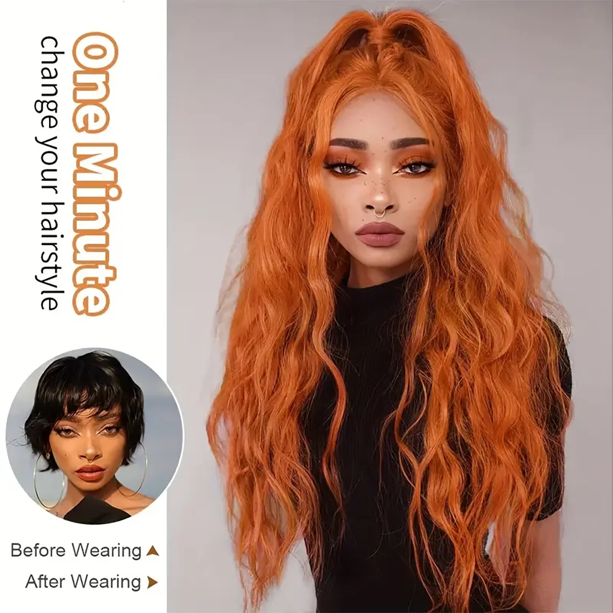 باروكة برتقالية طويلة مموجة، مصنوعة من ألياف صناعية مقاس 28 بوصة، مثالية للعب الأدوار والهالوين والحفلات والعطلات