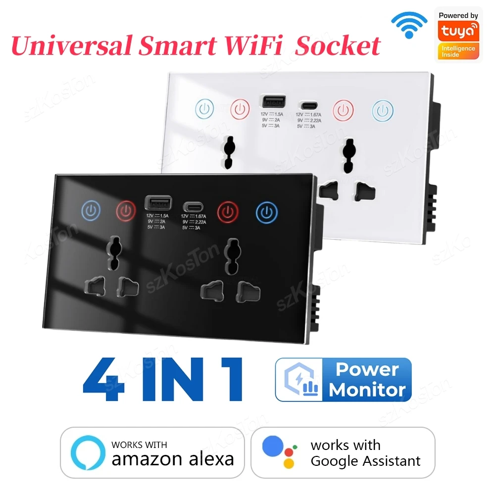 Tuya WiF Smart Socket Wall Universal Plug with 4-in-1 USB Type-C Touch Switch APP Power Monitor AC100~240V for Alexa Google