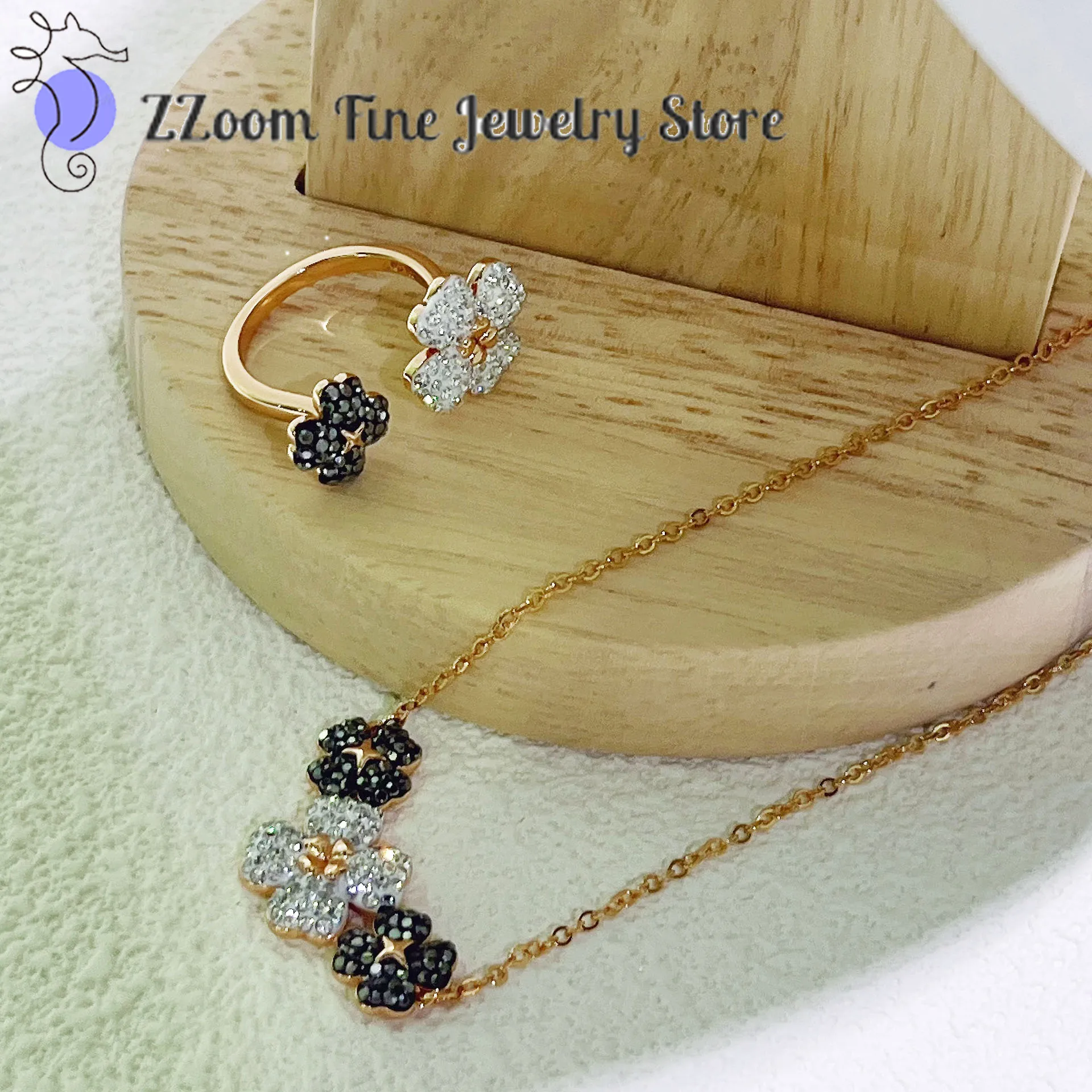 

Flowers Black Sets Y Shape Necklace Earrings Ring Bracelet Exquisite Fine Fashion Charm High Quality Anniversary Gift for Women