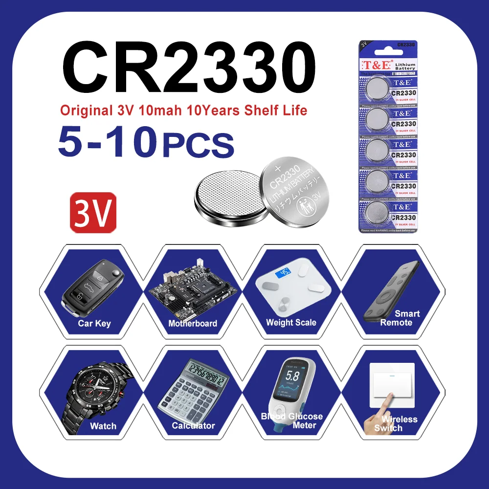 5-10PCS 3V CR2330 Button Cell Battery BR2330 ECR2330 2330 Car Remote Control LED Flash Card Installed Coin Batteries